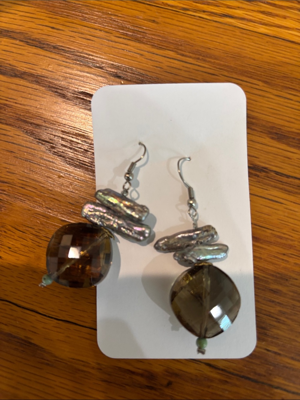 Handcrafted Smoky Brown Bead & Iridescent Pearl Drop Earrings